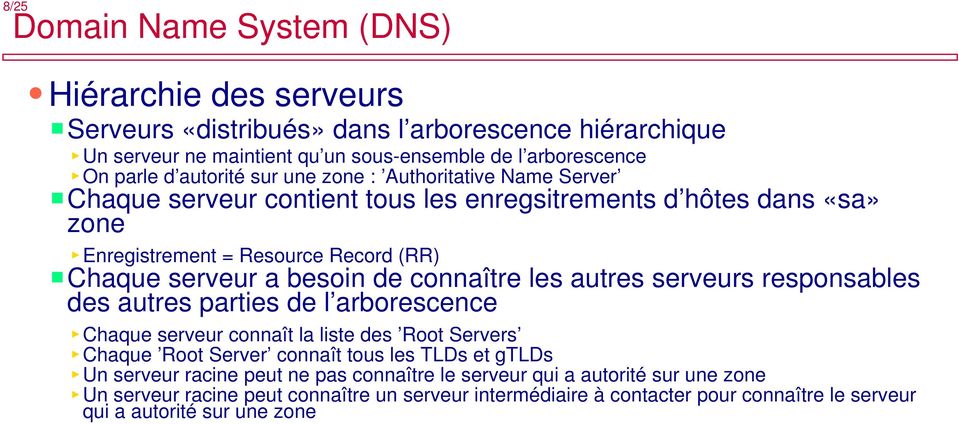 autres serveurs responsables des autres parties de l arborescence Chaque serveur connaît la liste des Root Servers Chaque Root Server connaît tous les TLDs et gtlds Un serveur