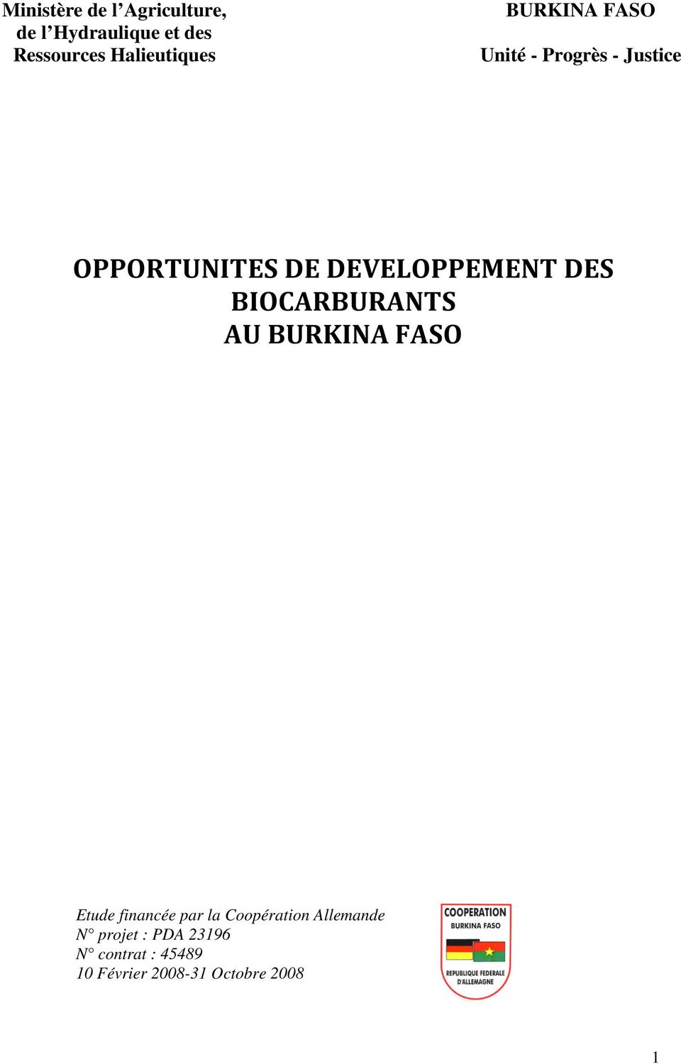 DEVELOPPEMENT DES BIOCARBURANTS AU BURKINA FASO Etude financée par la