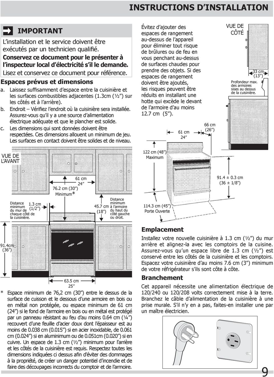 Laissez suffisamment d espace entre la cuisinière et les surfaces combustibles adjacentes (1.3cm (½ ) sur les côtés et à l arrière). b. Endroit Vérifiez l endroit où la cuisinière sera installée.