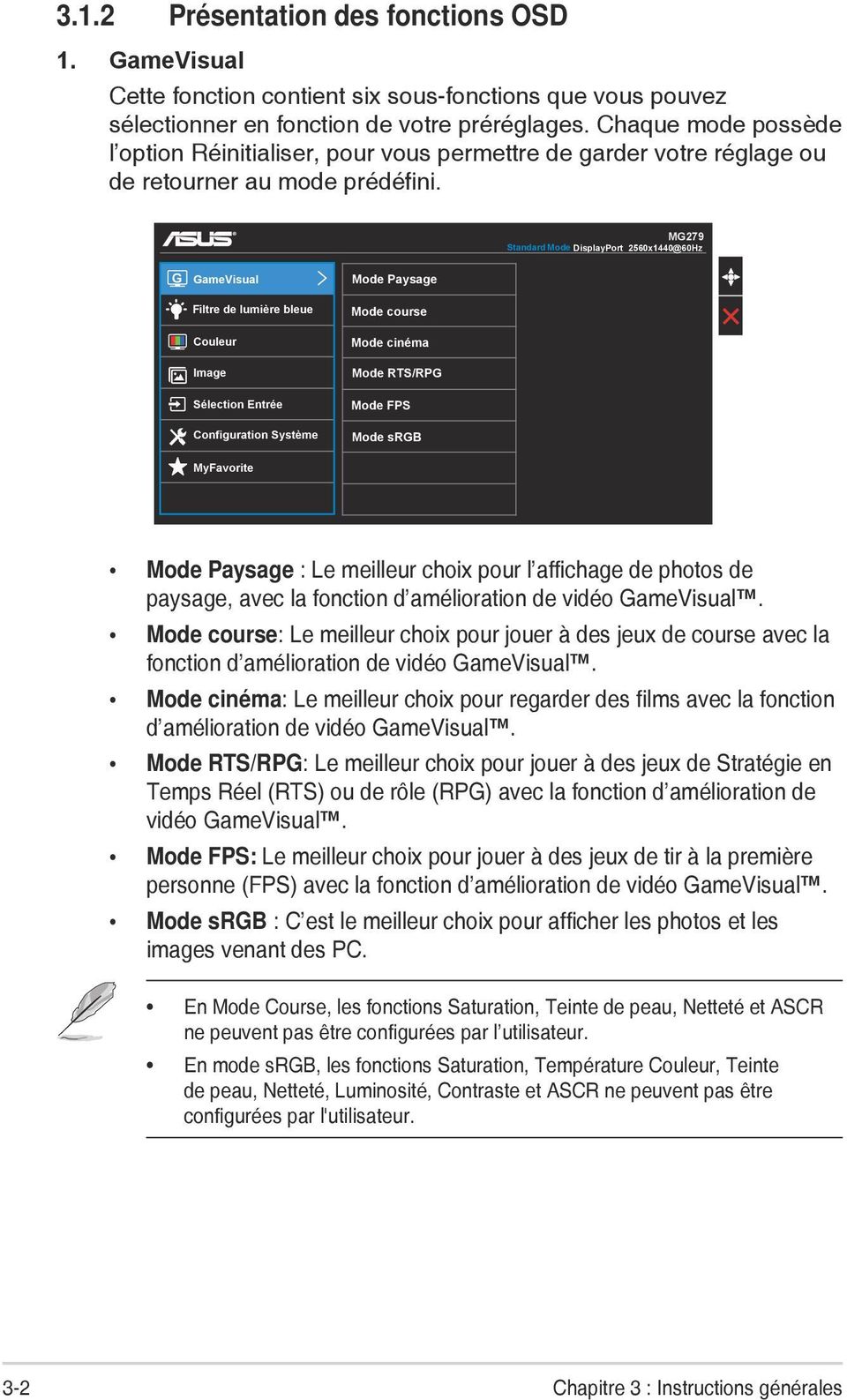 MG279 Standard Mode DisplayPort 2560x1440@60Hz G GameVisual Filtre de lumière bleue Couleur Image Sélection Entrée Configuration Système MyFavorite Mode Paysage Mode course Mode cinéma Mode RTS/RPG