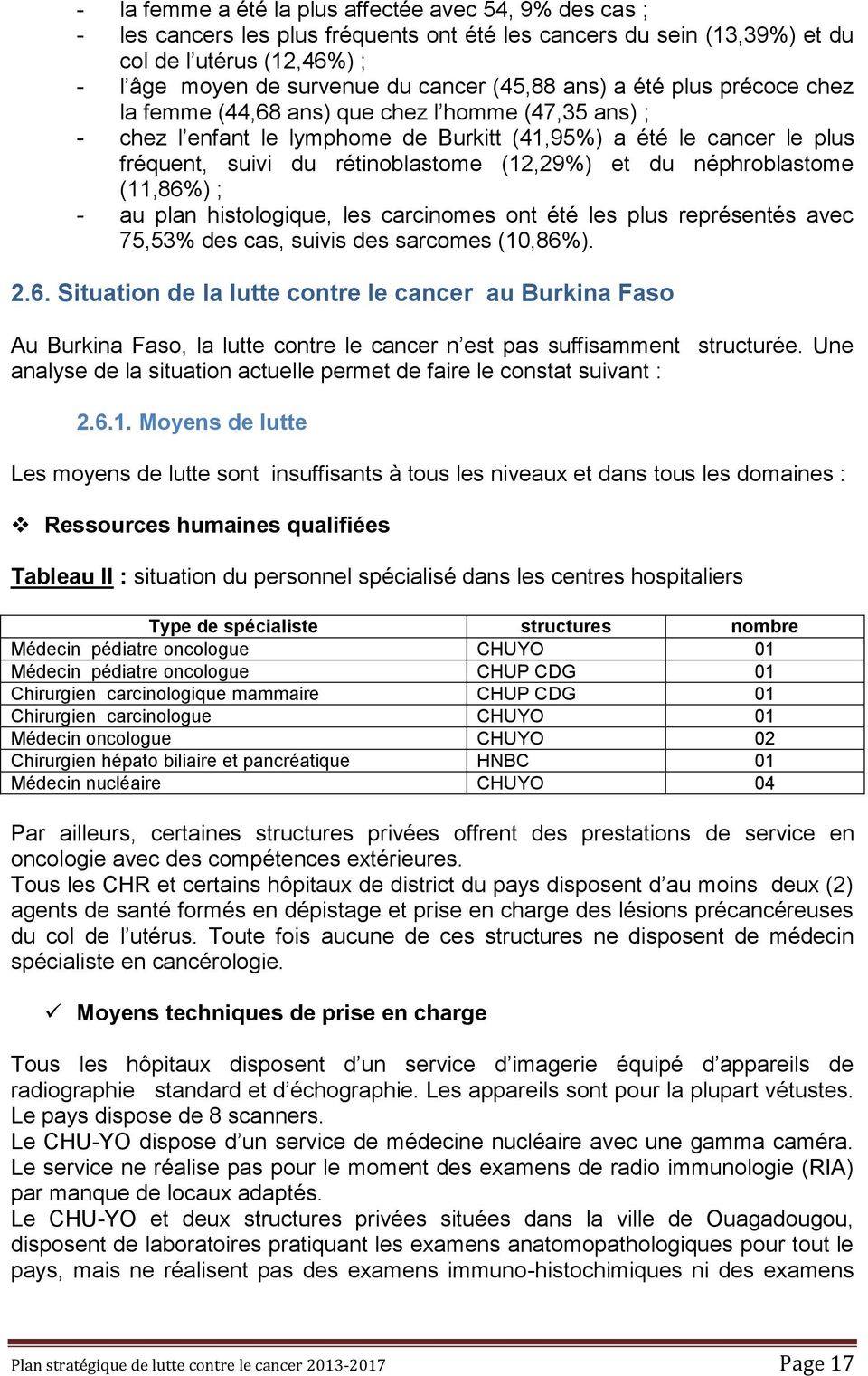(11,86%) ; - au plan histologique, les carcinomes ont été les plus représentés avec 75,53% des cas, suivis des sarcomes (10,86%). 2.6. Situation de la lutte contre le au Burkina Faso Au Burkina Faso, la lutte contre le n est pas suffisamment structurée.