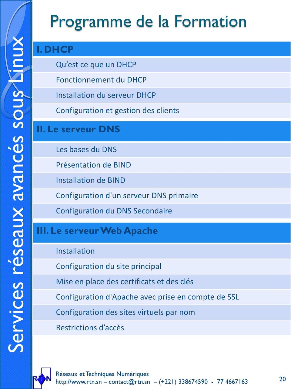 Le serveur DNS Les bases du DNS Présentation de BIND Installation de BIND Configuration d'un serveur DNS primaire Configuration du DNS