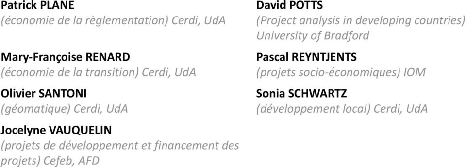 REYNTJENTS (projets socio-économiques) IOM Olivier SANTONI (géomatique) Cerdi, UdA Sonia SCHWARTZ