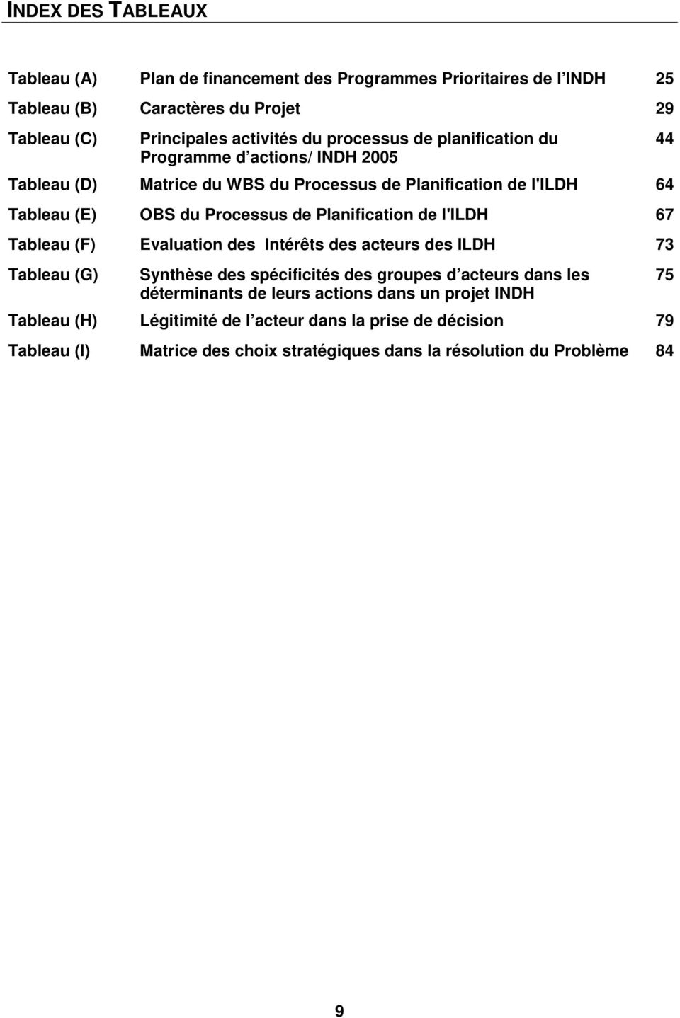 Planification de l'ildh 67 Tableau (F) Evaluation des Intérêts des acteurs des ILDH 73 Tableau (G) Synthèse des spécificités des groupes d acteurs dans les déterminants