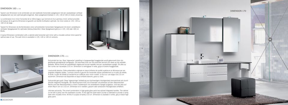 DIMENSION 170 La combinaison d'un miroir horizontal de la même largeur que l'armoire et d'un panneau-miroir vertical amovible est typique de la gamme Dimension et garantit une facilité d'utilisation