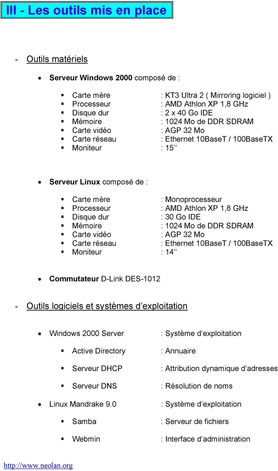 GHz Disque dur : 30 Go IDE Mémoire : 1024 Mo de DDR SDRAM Carte vidéo : AGP 32 Mo Carte réseau : Ethernet 10BaseT / 100BaseTX Moniteur : 14 Commutateur D-Link DES-1012 - Outils logiciels et systèmes