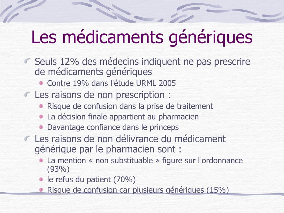 pharmacien Davantage confiance dans le princeps Les raisons de non délivrance du médicament générique par le pharmacien sont :
