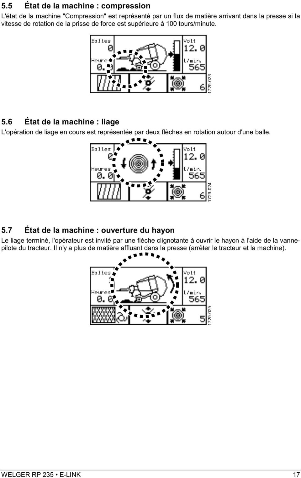 6 État de la machine : liage L'opération de liage en cours est représentée par deux flèches en rotation autour d'une balle. 5.