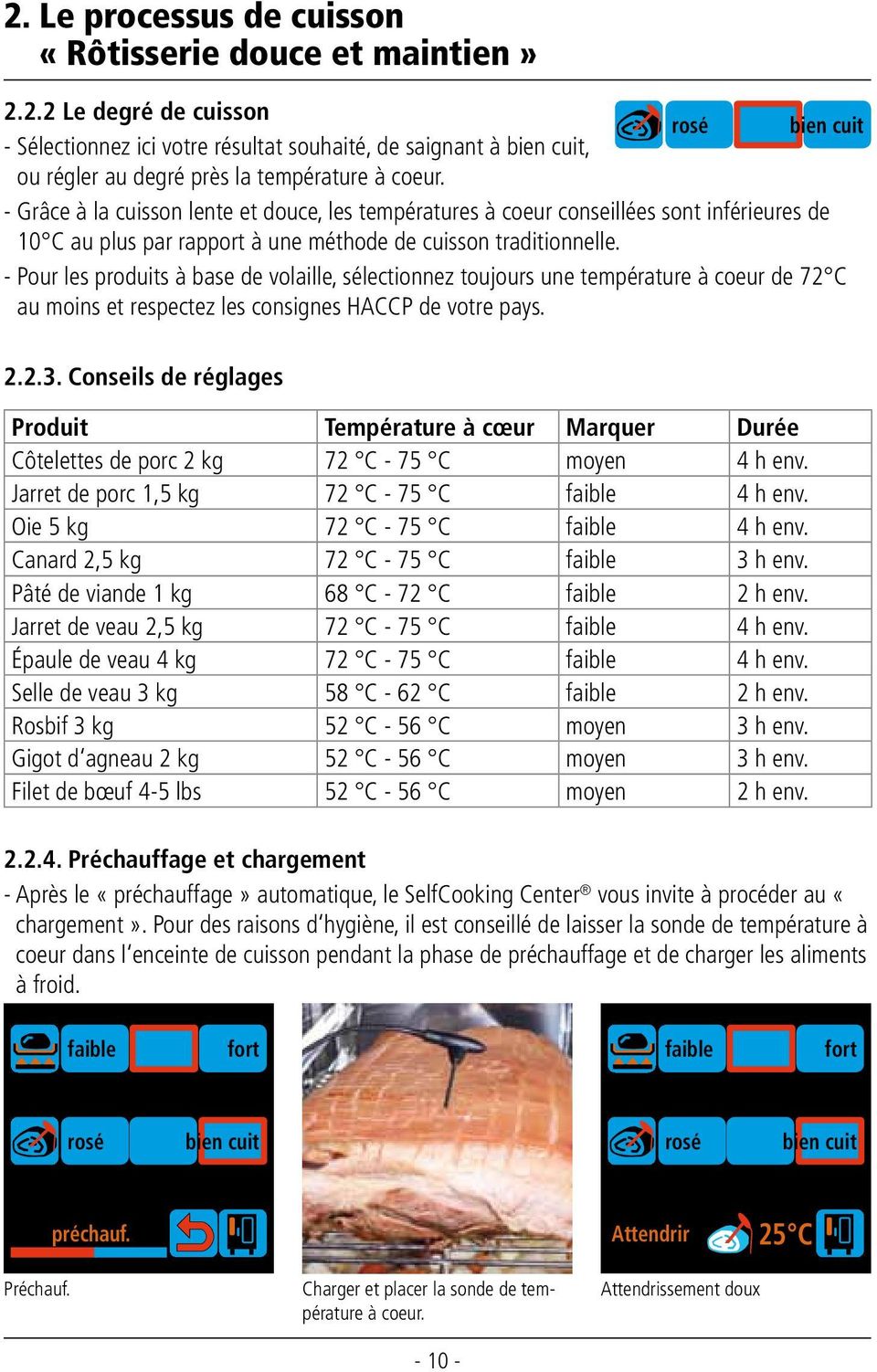- Pour les produits à base de volaille, sélectionnez toujours une température à coeur de 72 C au moins et respectez les consignes HACCP de votre pays. 2.2.3.