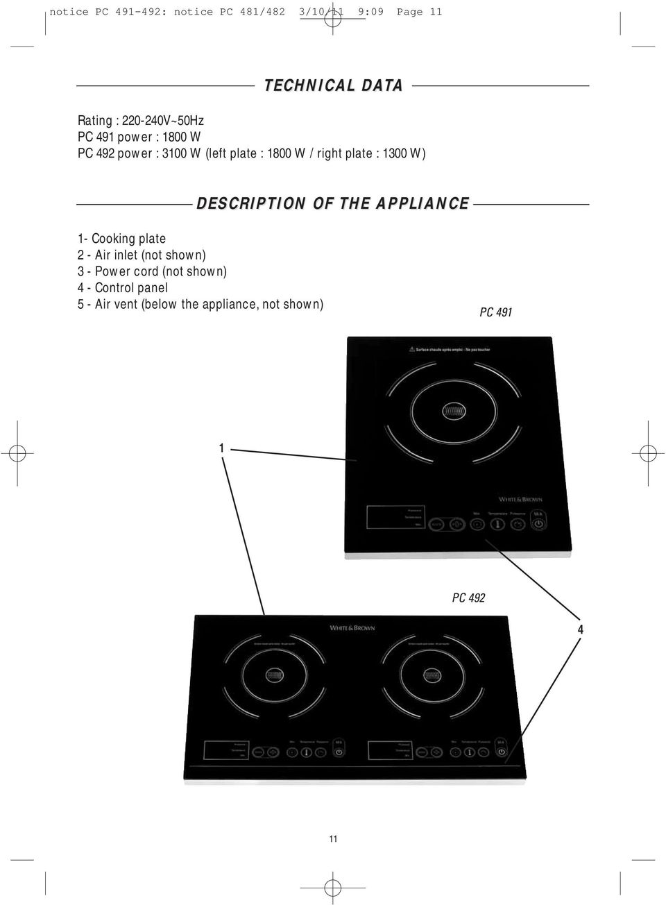 plate : 1300 W) DESCRIPTION OF THE APPLIANCE 1- Cooking plate 2 - Air inlet (not shown) 3 -
