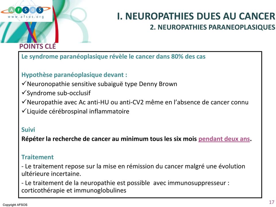 subaiguë type Denny Brown Syndrome sub-occlusif Neuropathie avec Ac anti-hu ou anti-cv2 même en l absence de cancer connu Liquide cérébrospinal inflammatoire Suivi