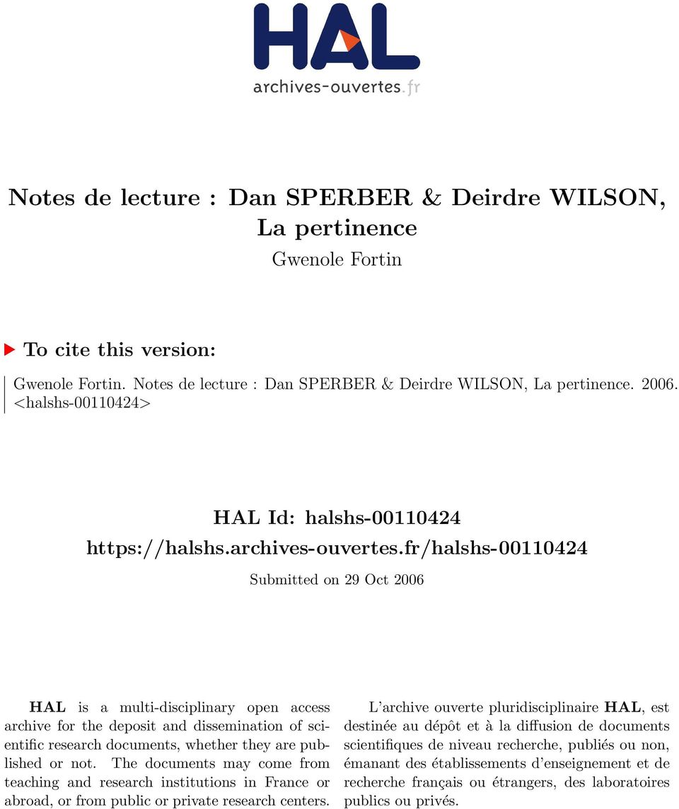 fr/halshs-00110424 Submitted on 29 Oct 2006 HAL is a multi-disciplinary open access archive for the deposit and dissemination of scientific research documents, whether they are published or not.