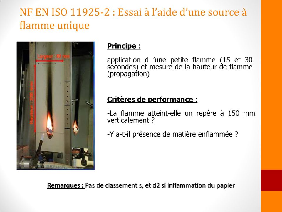 Critères de performance : -La flamme atteint-elle un repère à 150 mm verticalement?