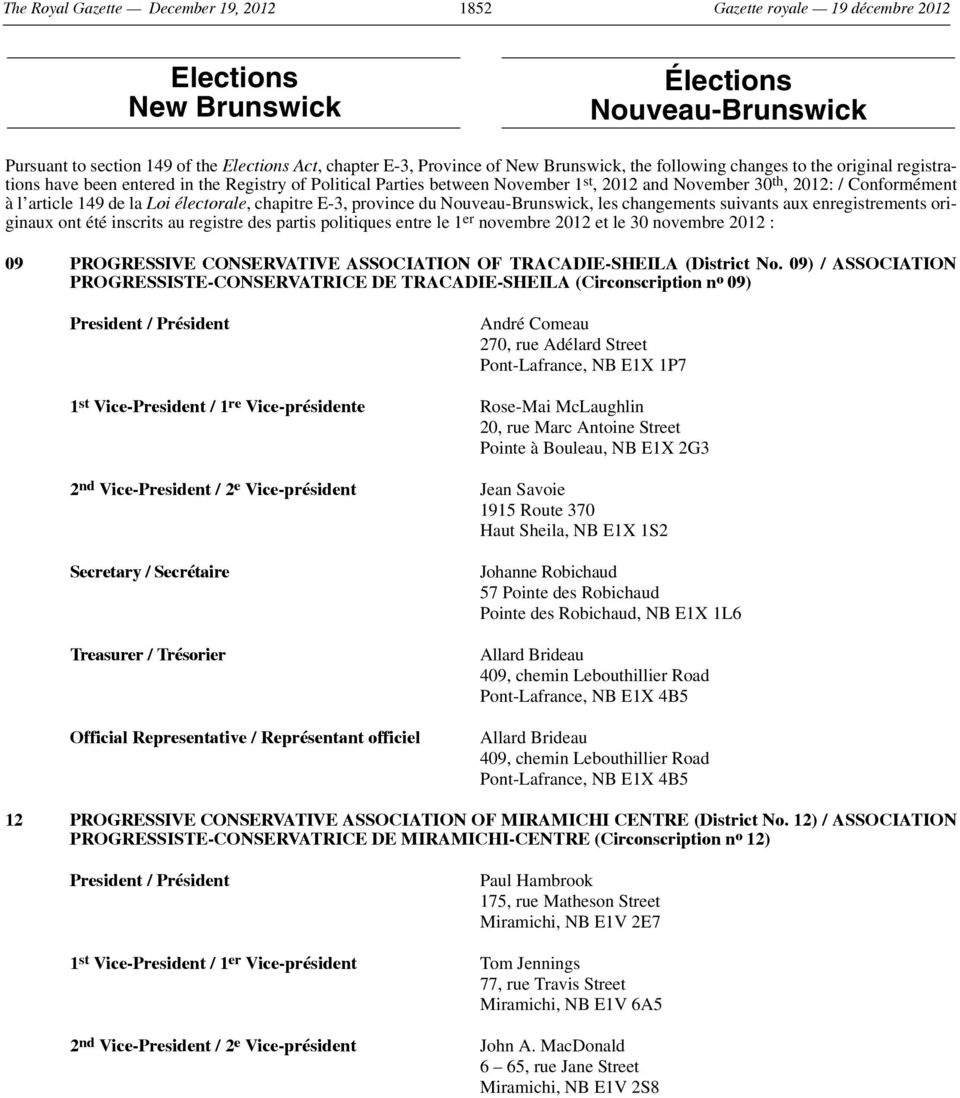 149 de la Loi électorale, chapitre E-3, province du Nouveau-Brunswick, les changements suivants aux enregistrements originaux ont été inscrits au registre des partis politiques entre le 1 er novembre