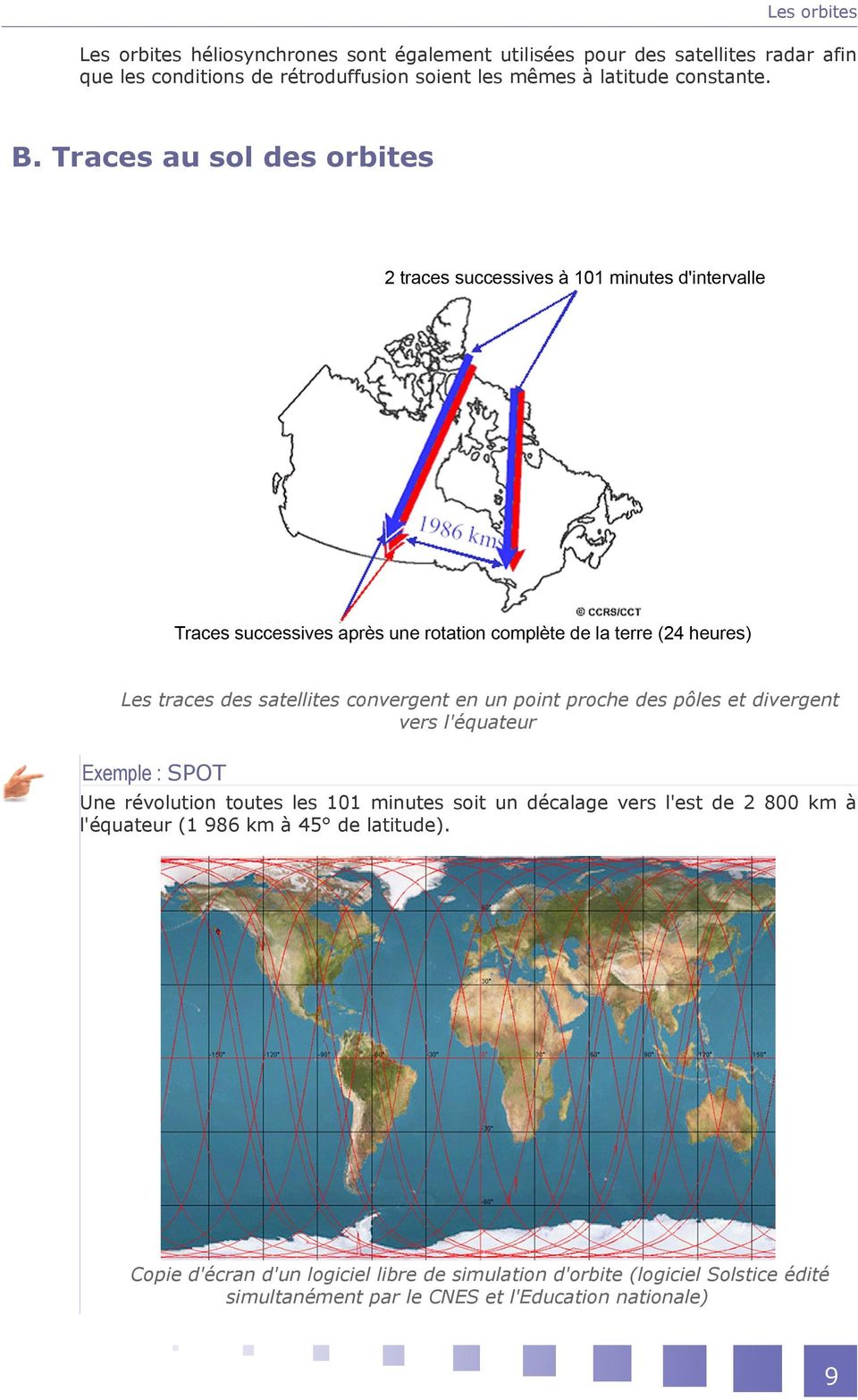 Traces au sol des orbites Les traces des satellites convergent en un point proche des pôles et divergent vers l'équateur Exemple : SPOT
