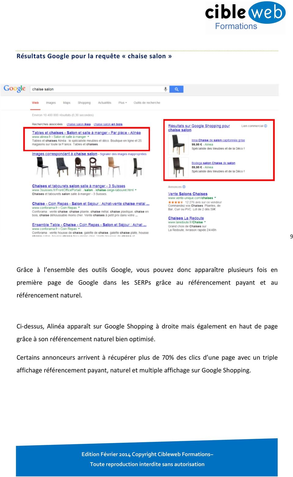 Ci-dessus, Alinéa apparaît sur Google Shopping à droite mais également en haut de page grâce à son référencement naturel bien optimisé.