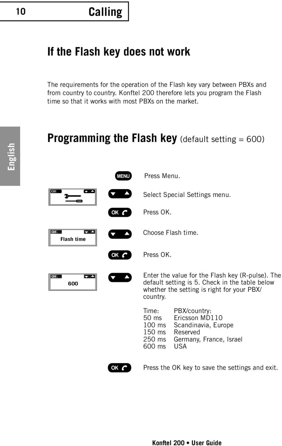 Select Special Settings menu. Press OK. Flash time Choose Flash time. Press OK. 600 Enter the value for the Flash key (R-pulse). The default setting is 5.