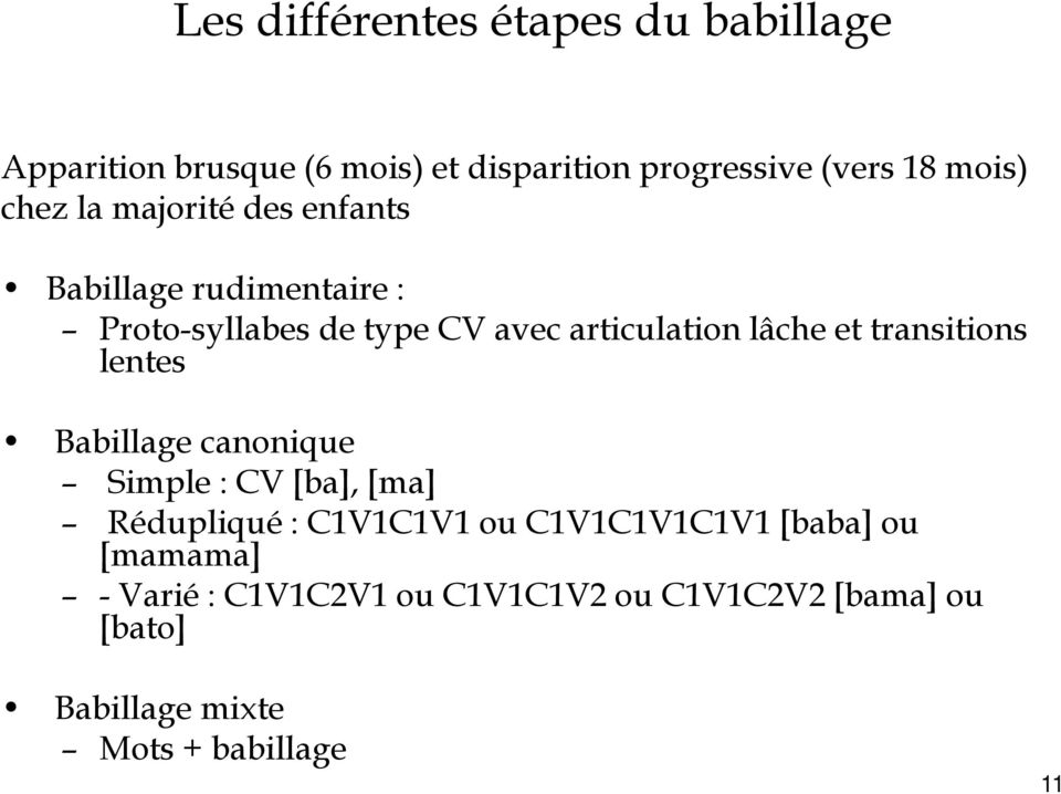 transitions lentes Babillage canonique Simple : CV [ba], [ma] Rédupliqué : C1V1C1V1 ou C1V1C1V1C1V1 [baba]