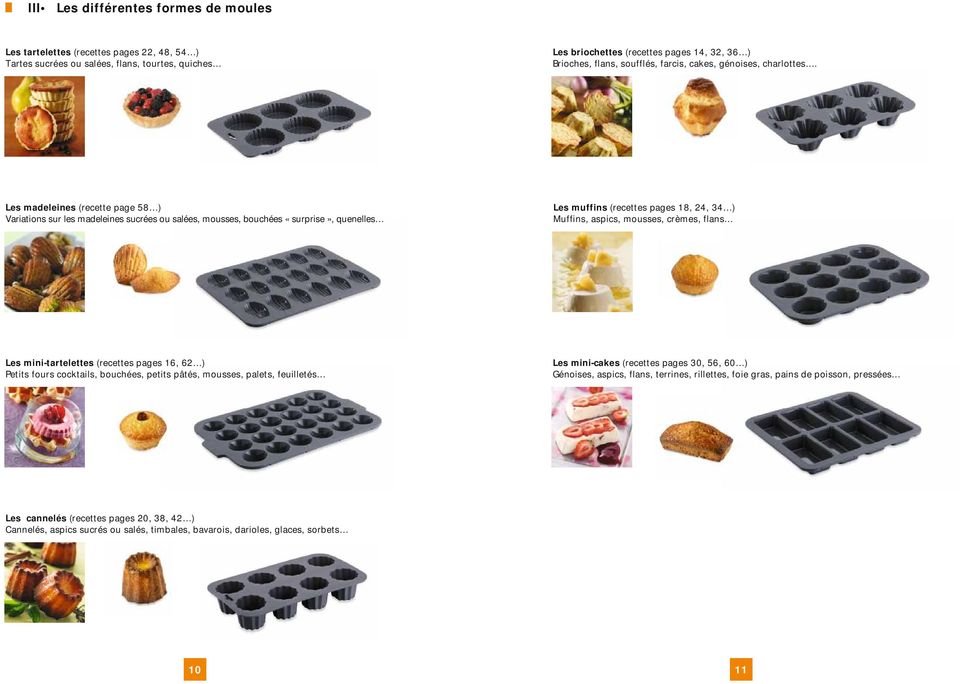 Les madeleines (recette page 58 ) Variations sur les madeleines sucrées ou salées, mousses, bouchées «surprise», quenelles Les muffins (recettes pages 18, 24, 34 ) Muffins, aspics, mousses, crèmes,