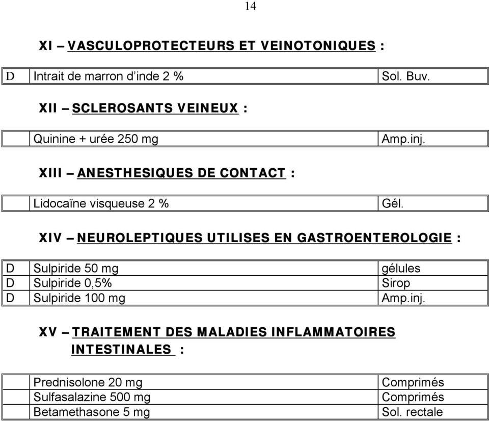 XIV NEUROLEPTIQUES UTILISES EN GASTROENTEROLOGIE : D Sulpiride 50 mg gélules D Sulpiride 0,5% Sirop D