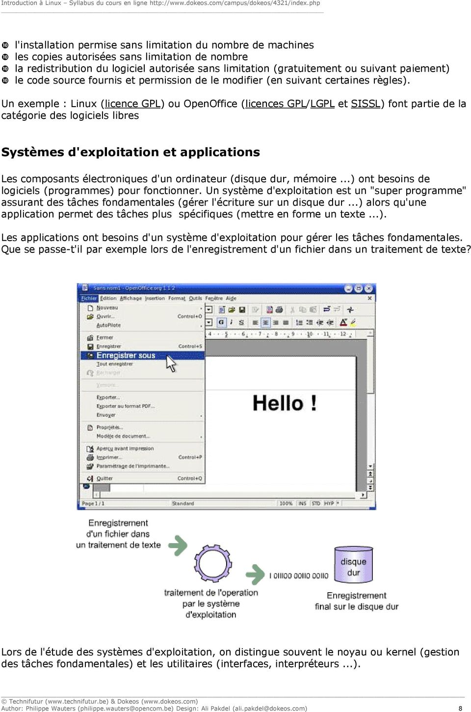 Un exemple : Linux (licence GPL) ou OpenOffice (licences GPL/LGPL et SISSL) font partie de la catégorie des logiciels libres Systèmes d'exploitation et applications Les composants électroniques d'un