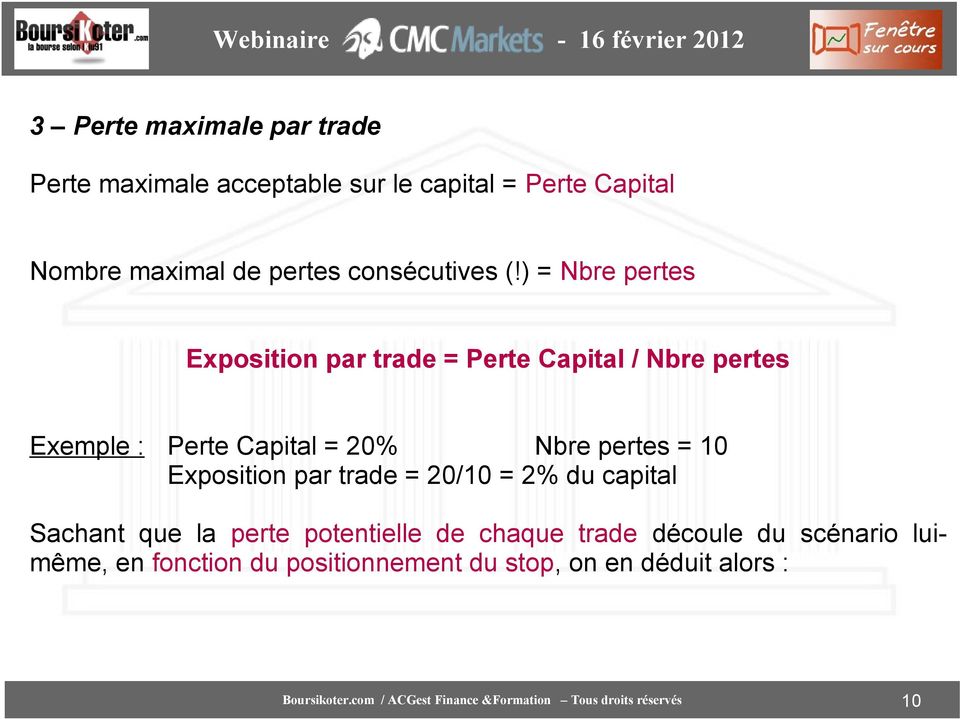 ) = Nbre pertes Exposition par trade = Perte Capital / Nbre pertes Exemple : Perte Capital = 20% Nbre