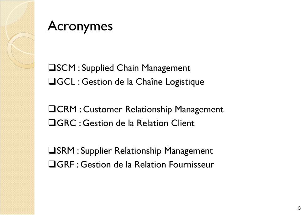 Management GRC : Gestion de la Relation Client SRM :