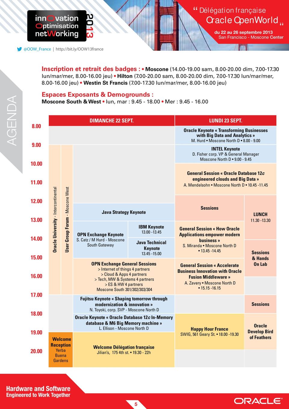 00 Mer : 9.45-16.00 Oracle University - Intercontinental User Group Forum - Moscone West Welcome Reception Yerba Buena Gardens DIMANCHE 22 SEPT. Java Strategy Keynote OPN Exchange Keynote S.