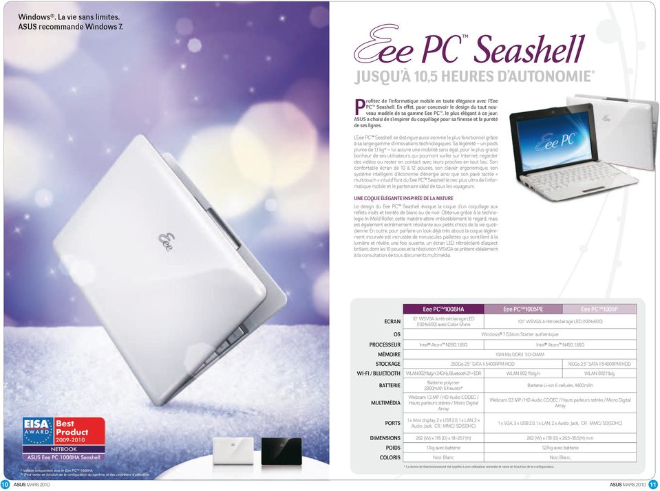 L Eee PC Seashell se distingue aussi comme le plus fonctionnel grâce à sa large gamme d innovations technologiques.