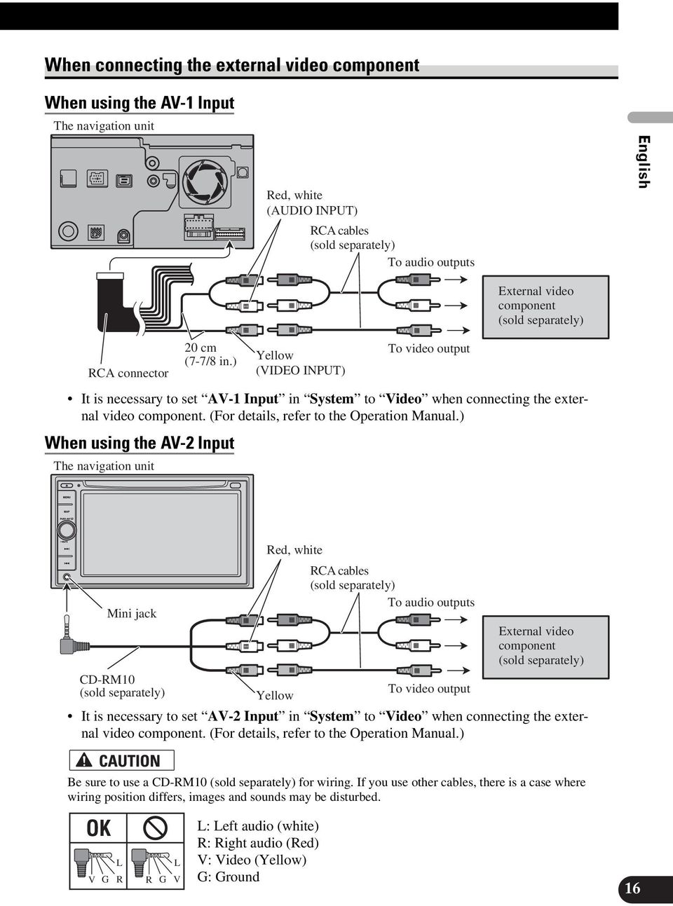 ) When using the AV-2 Input The navigation unit External video component (sold separately) CD-RM10 (sold separately) To video output Yellow It is necessary to set AV-2 Input in System to Video when