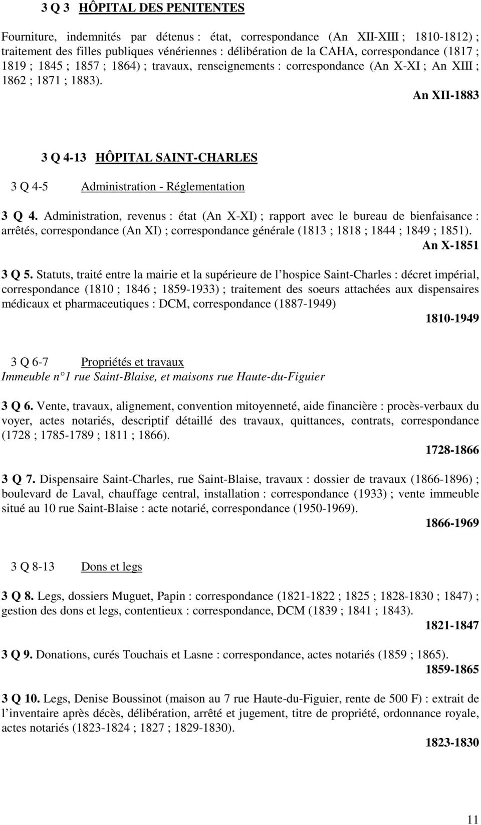 An XII-1883 3 Q 4-13 HÔPITAL SAINT-CHARLES 3 Q 4-5 Administration - Réglementation 3 Q 4.