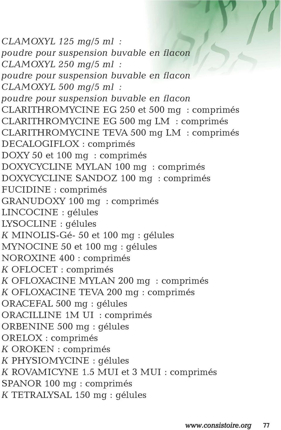 100 mg : FUCIDINE : GRANUDOXY 100 mg : LINCOCINE : LYSOCLINE : K MINOLIS-Gé- 50 et 100 mg : MYNOCINE 50 et 100 mg : NOROXINE 400 : K OFLOCET : K OFLOXACINE MYLAN 200 mg : K OFLOXACINE TEVA
