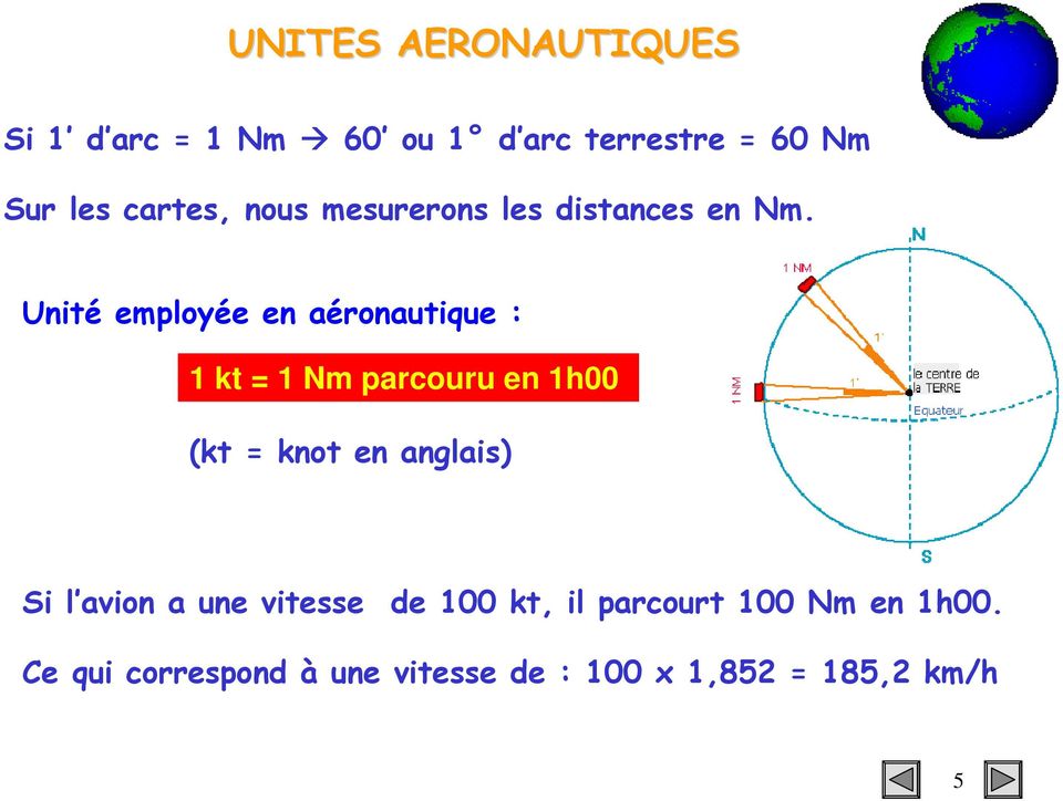 Unité employée en aéronautique : 1 kt = 1 Nm parcouru en 1h00 (kt = knot en