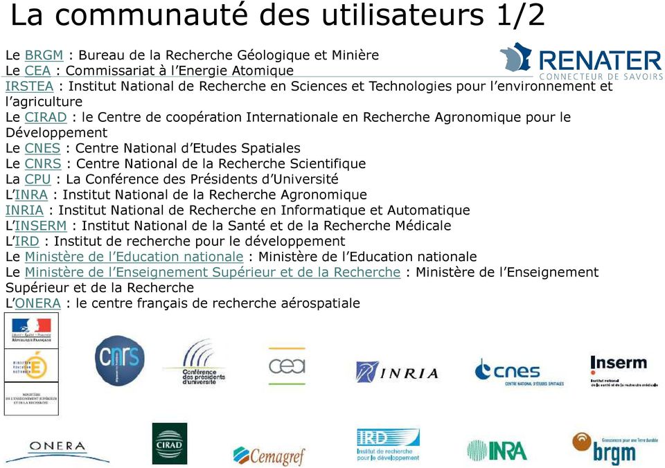 CNRS : Centre National de la Recherche Scientifique La CPU : La Conférence des Présidents d Université L INRA : Institut National de la Recherche Agronomique INRIA : Institut National de Recherche en