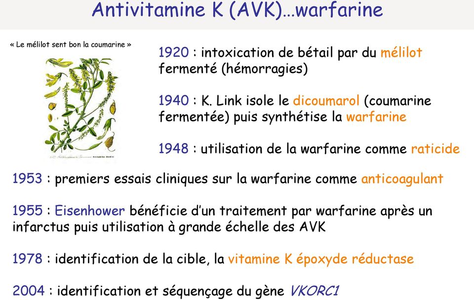 essais cliniques sur la warfarine comme anticoagulant 1955 : Eisenhower bénéficie d un traitement par warfarine après un infarctus puis