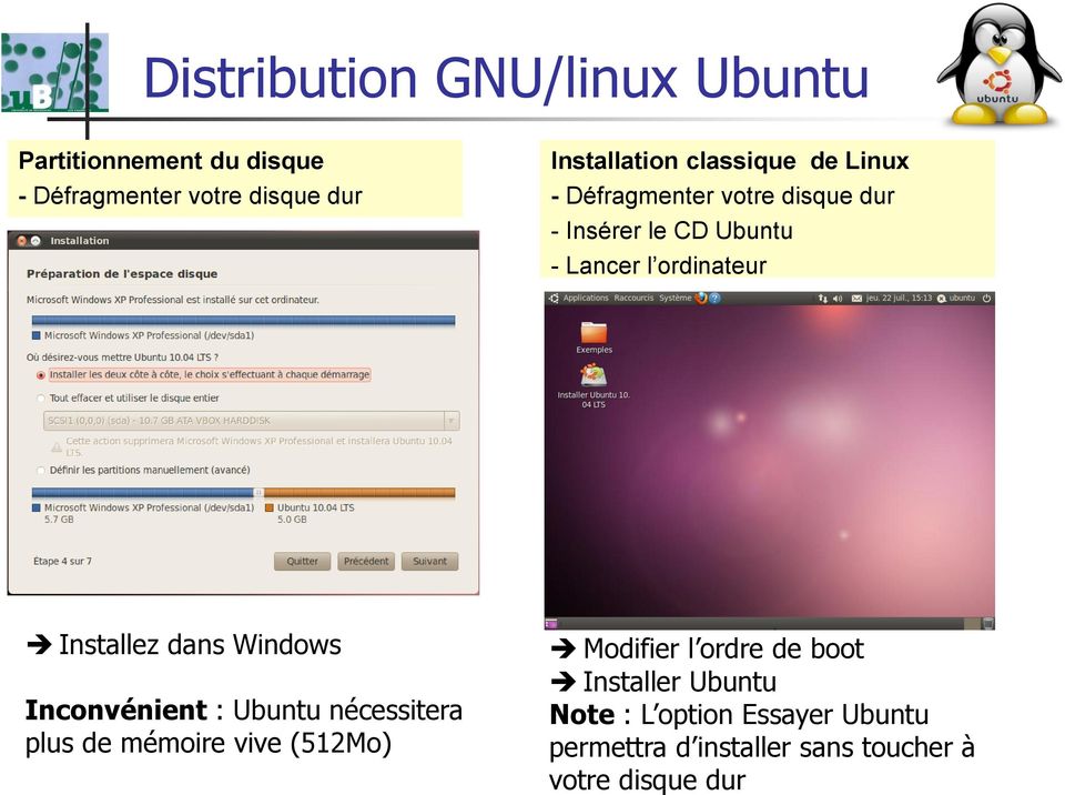 Installez dans Windows Inconvénient : Ubuntu nécessitera plus de mémoire vive (512Mo) Modifier l ordre