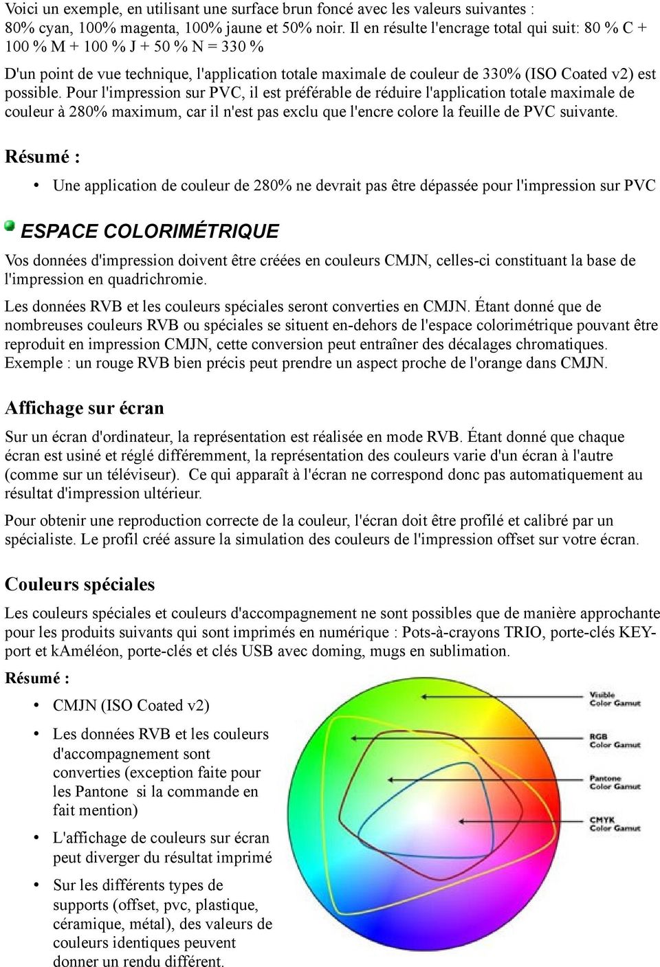 Pour l'impression sur PVC, il est préférable de réduire l'application totale maximale de couleur à 280% maximum, car il n'est pas exclu que l'encre colore la feuille de PVC suivante.