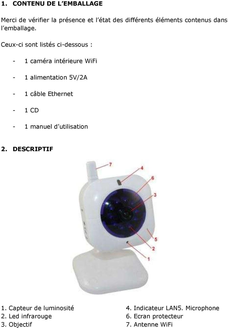Ceux-ci sont listés ci-dessous : - 1 caméra intérieure WiFi - 1 alimentation 5V/2A - 1 câble