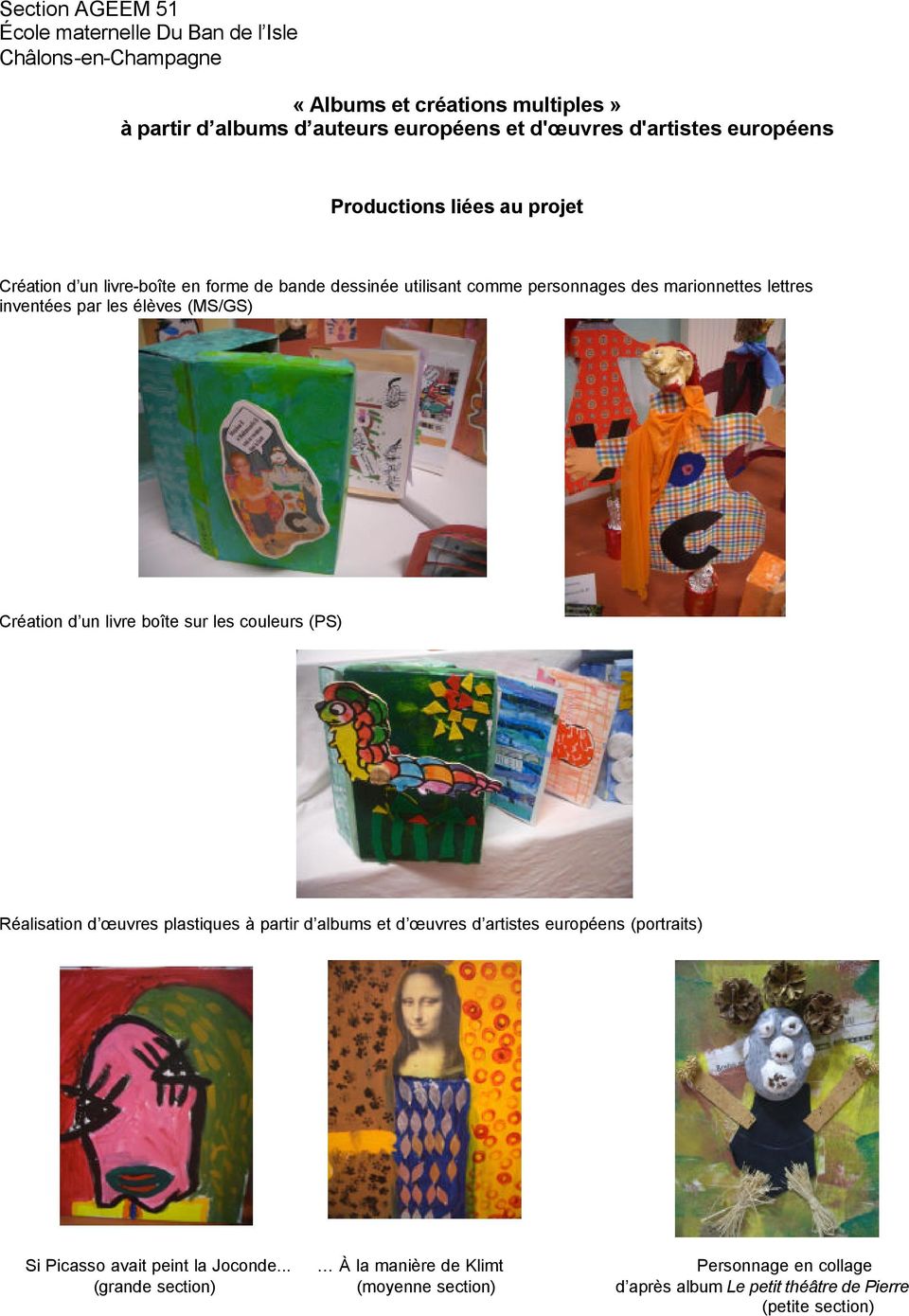 élèves (MS/GS) Création d un livre boîte sur les couleurs (PS) Réalisation d œuvres plastiques à partir d albums et d œuvres d artistes européens (portraits) Si