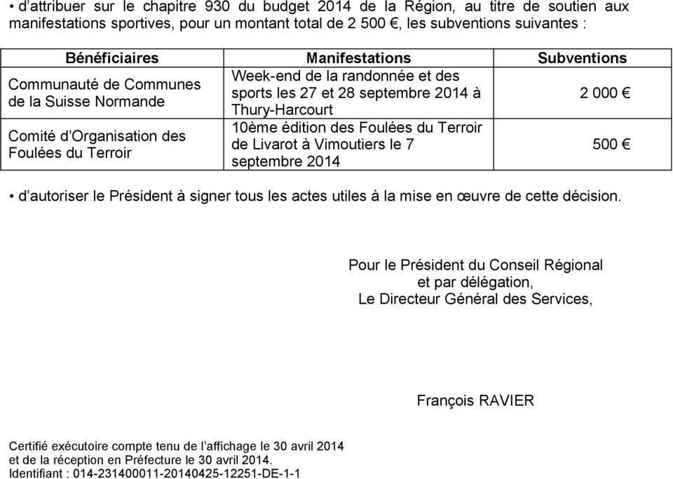 édition des Foulées du Terroir de Livarot à Vimoutiers le 7 septembre 2014 d autoriser le Président à signer tous les actes utiles à la mise en œuvre de cette décision.
