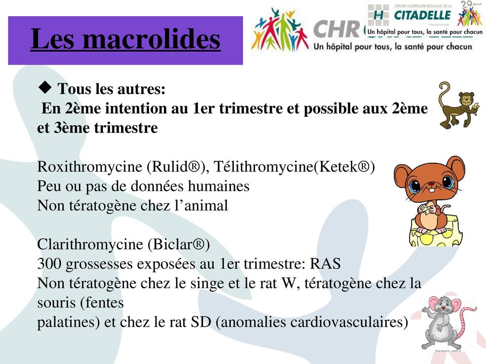 chez l animal Clarithromycine (Biclar ) 300 grossesses exposées au 1er trimestre: RAS Non tératogène