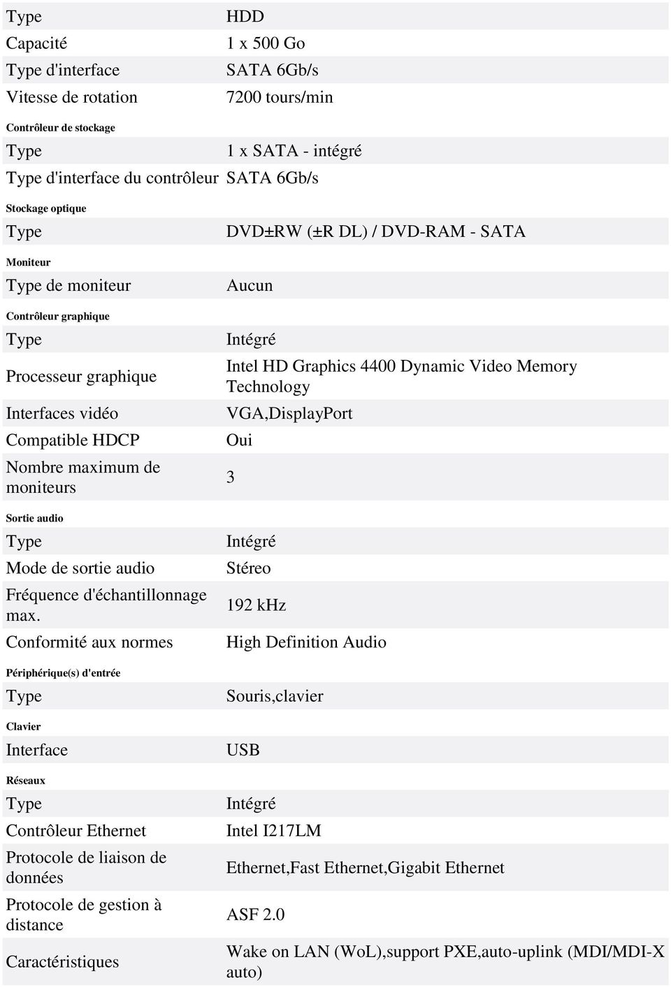 Conformité aux normes Périphérique(s) d'entrée Clavier Interface Réseaux Contrôleur Ethernet Protocole de liaison de données Protocole de gestion à distance DVD±RW (±R DL) / DVD-RAM - SATA Aucun