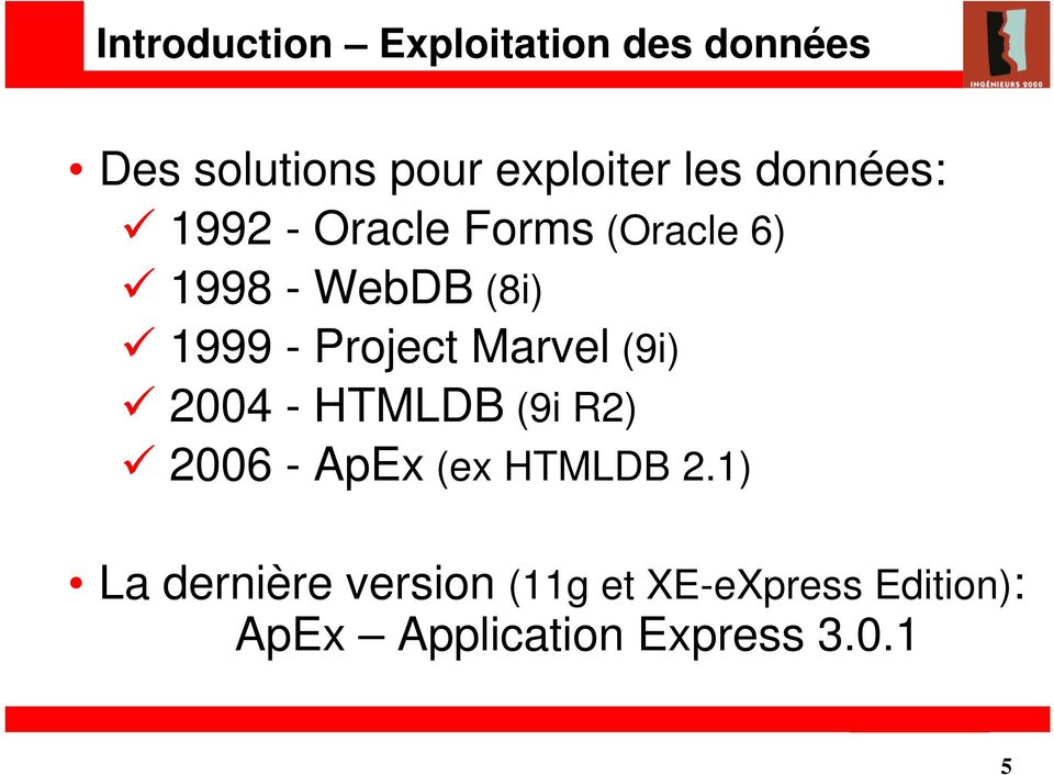Project Marvel (9i) 2004 - HTMLDB (9i R2) 2006 - ApEx (ex HTMLDB 2.