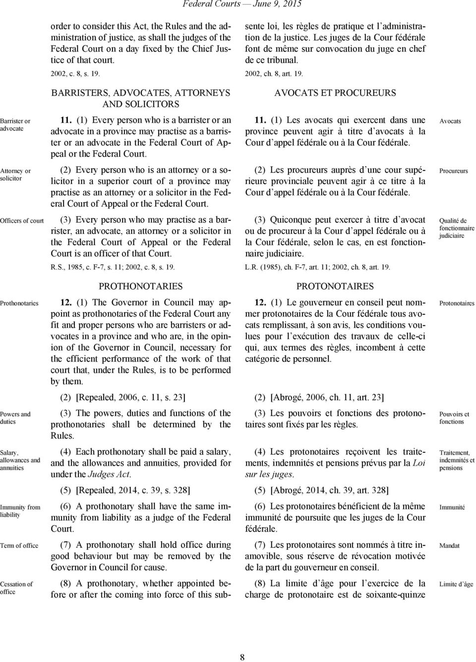 2002, ch. 8, art. 19. BARRISTERS, ADVOCATES, ATTORNEYS AND SOLICITORS AVOCATS ET PROCUREURS Barrister or advocate 11.