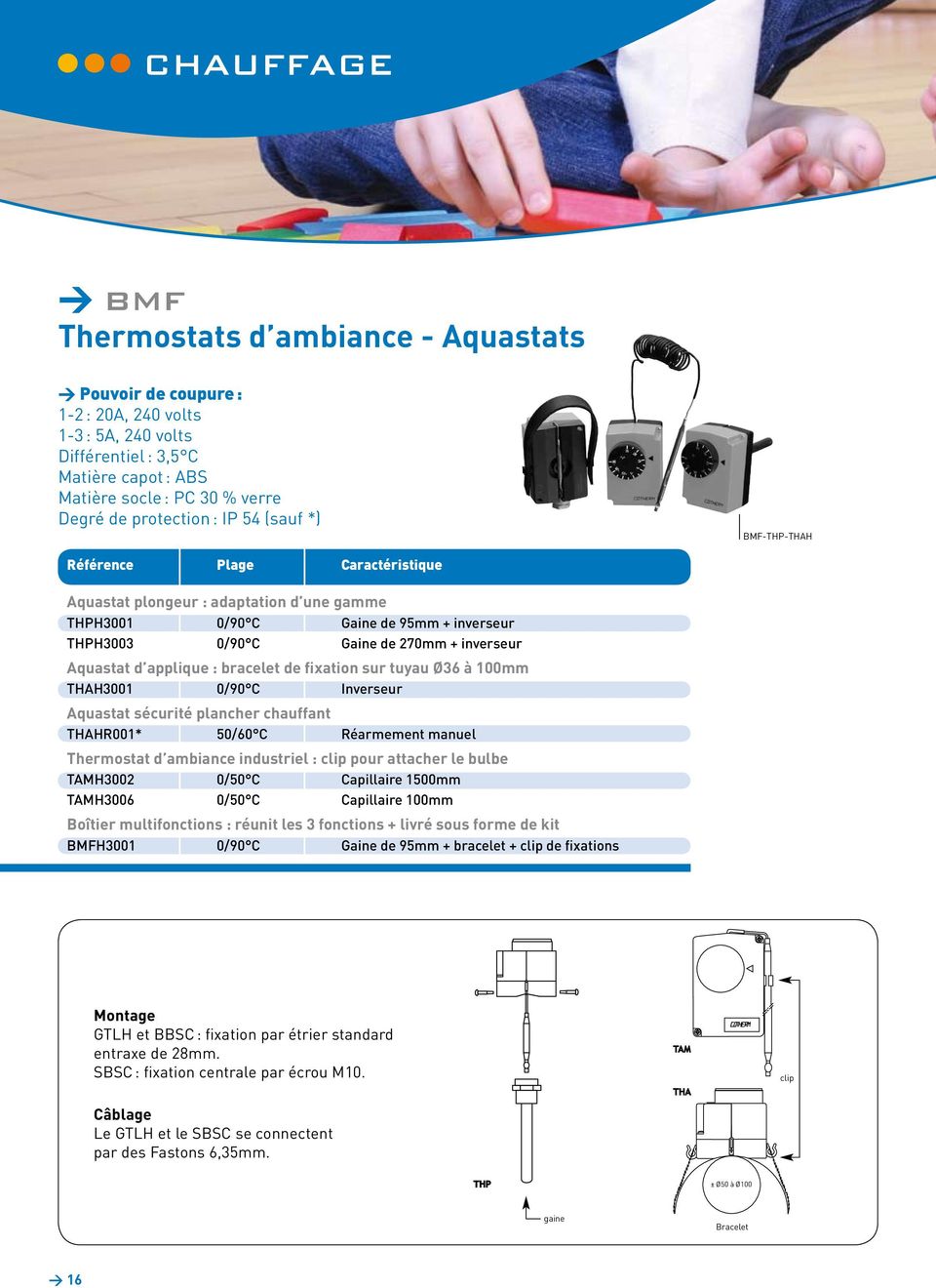 inverseur Aquastat d applique : bracelet de fixation sur tuyau Ø36 à 100mm THAH3001 0/90 C Inverseur Aquastat sécurité plancher chauffant THAHR001* 50/60 C Réarmement manuel Thermostat d ambiance