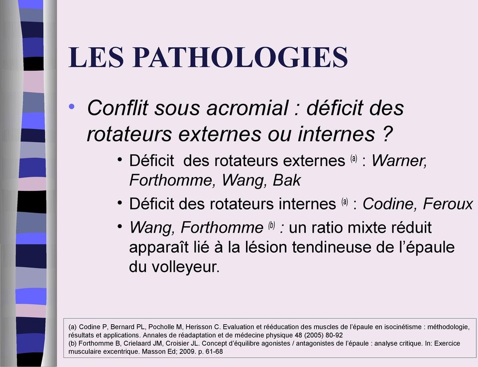 la lésion tendineuse de l épaule du volleyeur. (a) Codine P, Bernard PL, Pocholle M, Herisson C.