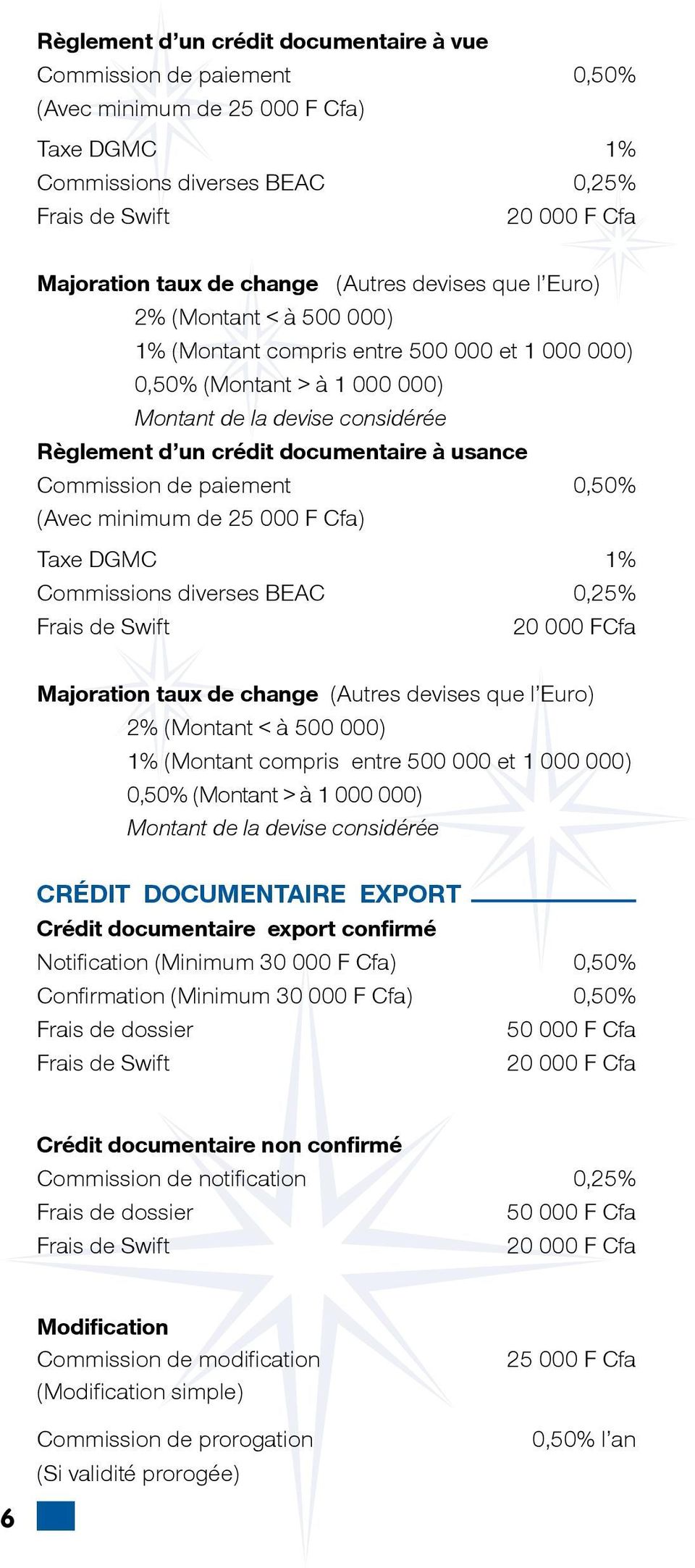 F Cfa) Taxe DGMC 1% Commissions diverses BEAC 0,25% 20 000 FCfa Majoration taux de change (Autres devises que l Euro) 2% (Montant < à 500 000) 1% (Montant compris entre 500 000 et 1 000 000) 0,50%