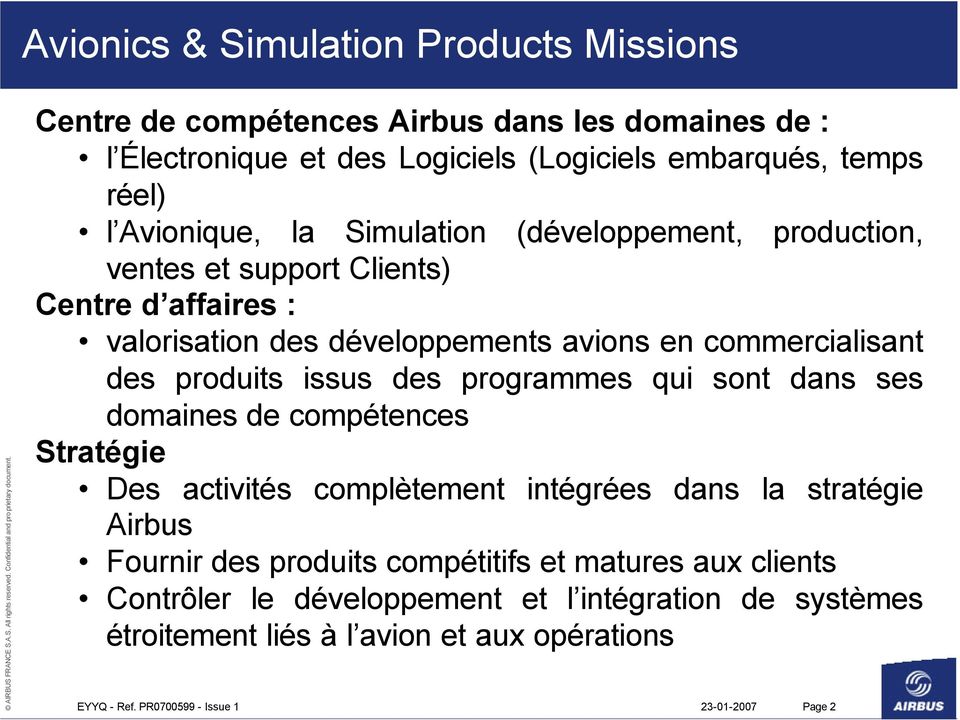 produits issus des programmes qui sont dans ses domaines de compétences Stratégie Des activités complètement intégrées dans la stratégie Airbus Fournir des produits
