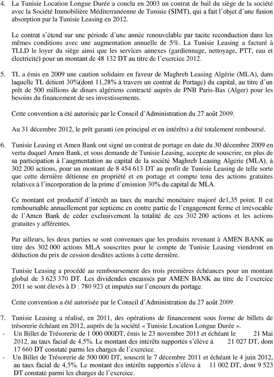 La Tunisie Leasing a facturé à TLLD le loyer du siège ainsi que les services annexes (gardiennage, nettoyage, PTT, eau et électricité) pour un montant de 48 132 DT au titre de l exercice 2012. 5.