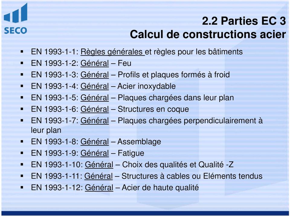 Structures en coque EN 1993-1-7: Général Plaques chargées perpendiculairement à leur plan EN 1993-1-8: Général Assemblage EN 1993-1-9: Général Fatigue EN